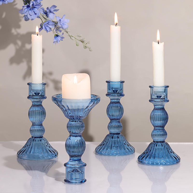 DARJEN Blue Candlestick Holders Set of 4 - Vertical Stripe Glass Candle Holders for Candlesticks and Taper Candles Taper Candle Holder for Wedding Shower Party Dinner Table Decor